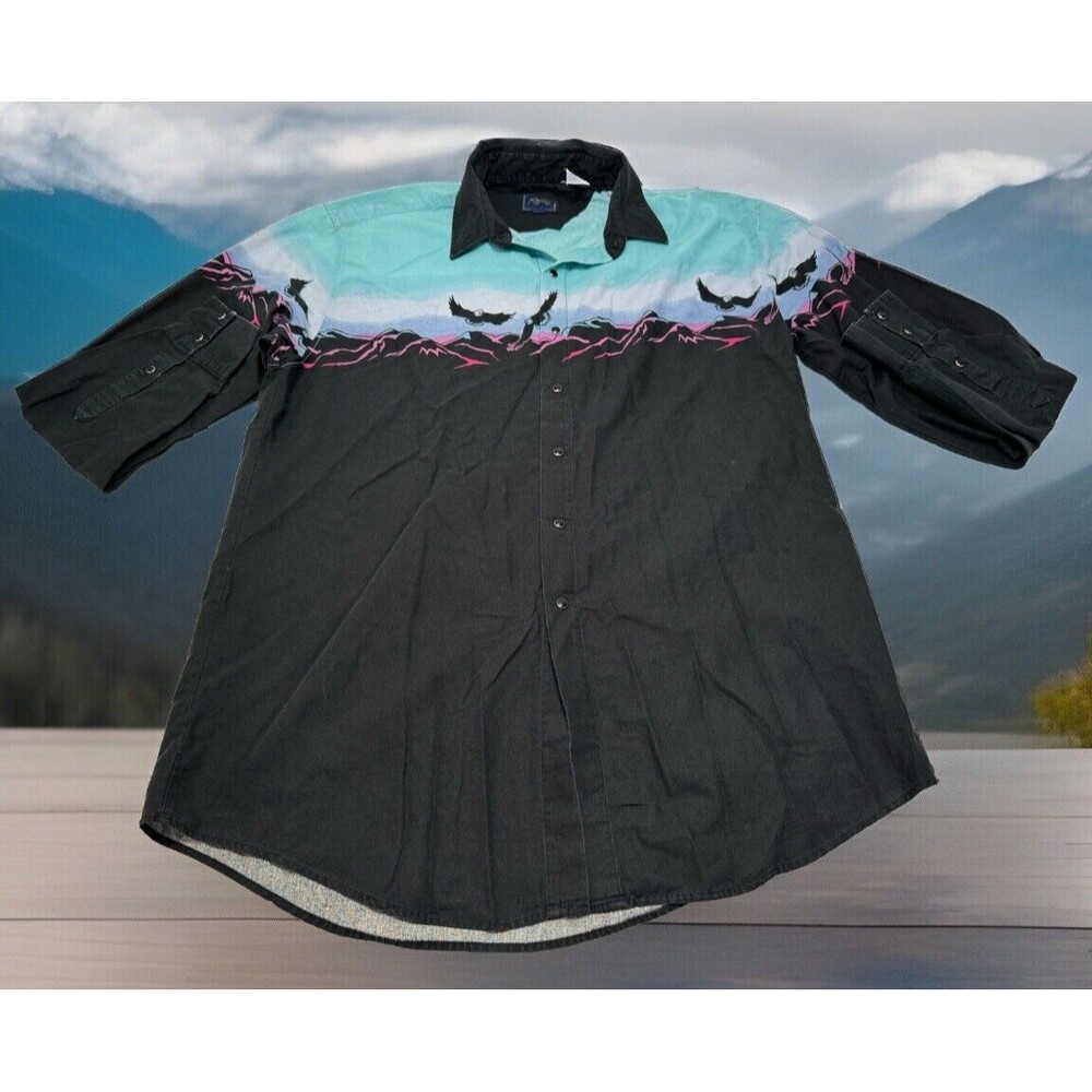 Vintage Roper Border Shirt Men’s XL Western Cowboy Rodeo BLUE MOUNTAIN GRAPHIC